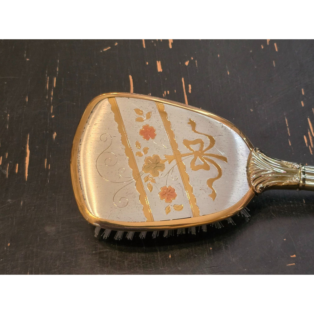 Vintage Vanity Hand Mirror Hair Brush Set Gold Silver Tone Floral Bow USA