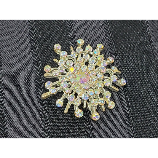 Vintage Silver Tone Snowflake Starburst Brooch With Aurora Borealis Rhinestones