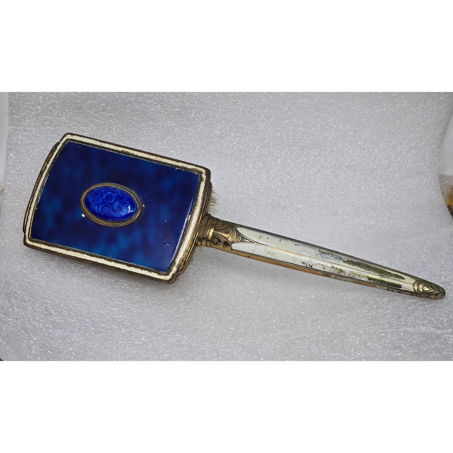 Vintage Ornate Vanity Hair Brush Blue Cameo Inlay Brass Handle Antique Style
