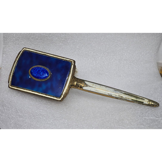 Vintage Ornate Vanity Hair Brush Blue Cameo Inlay Brass Handle Antique Style