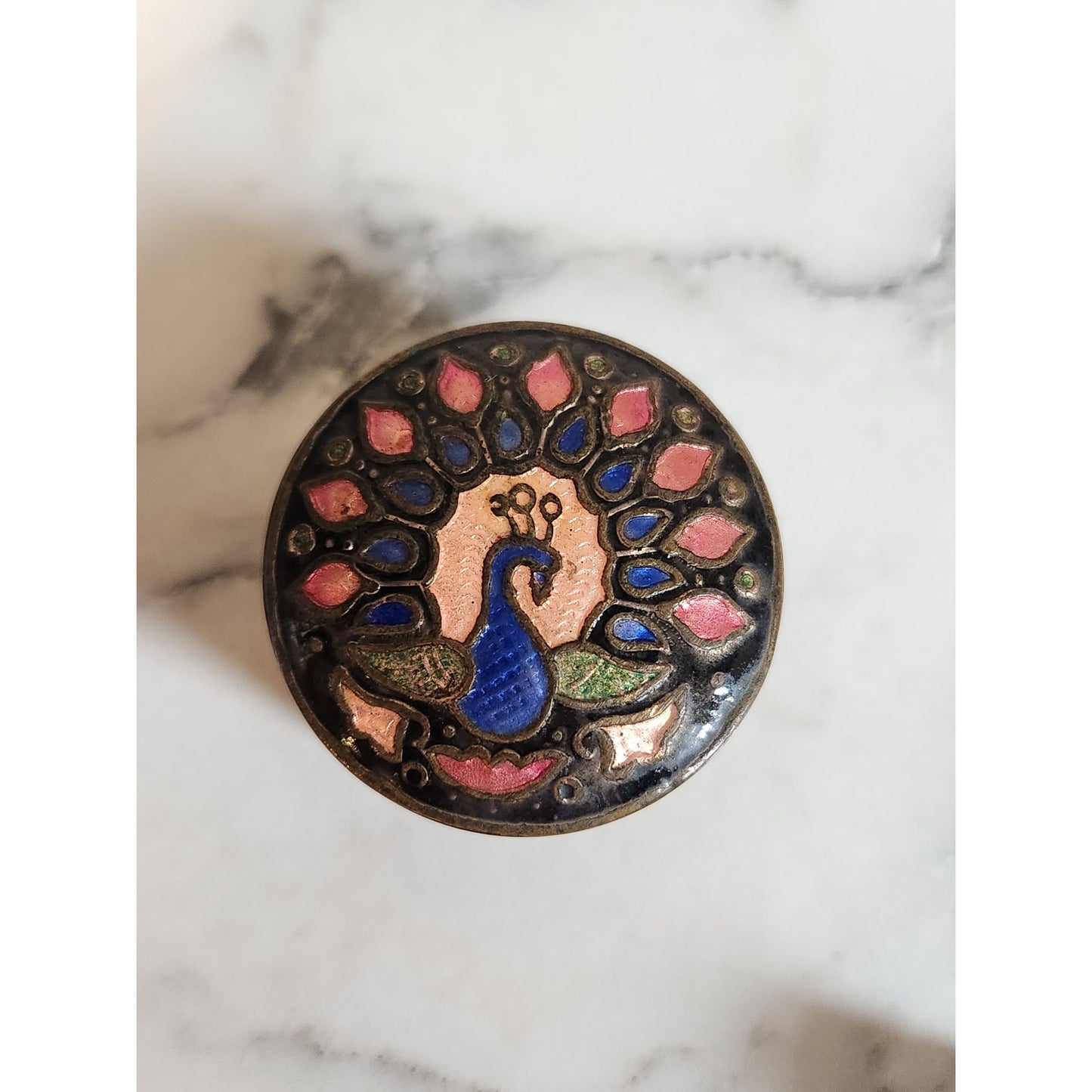 Vintage Neroli Peacock Design Brass Enamel Candle Box Round Small