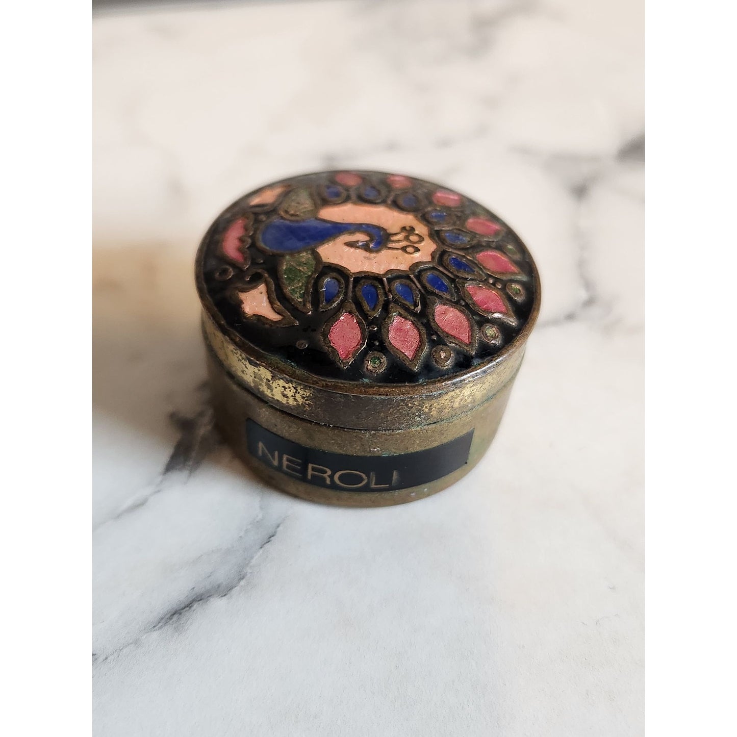 Vintage Neroli Peacock Design Brass Enamel Candle Box Round Small