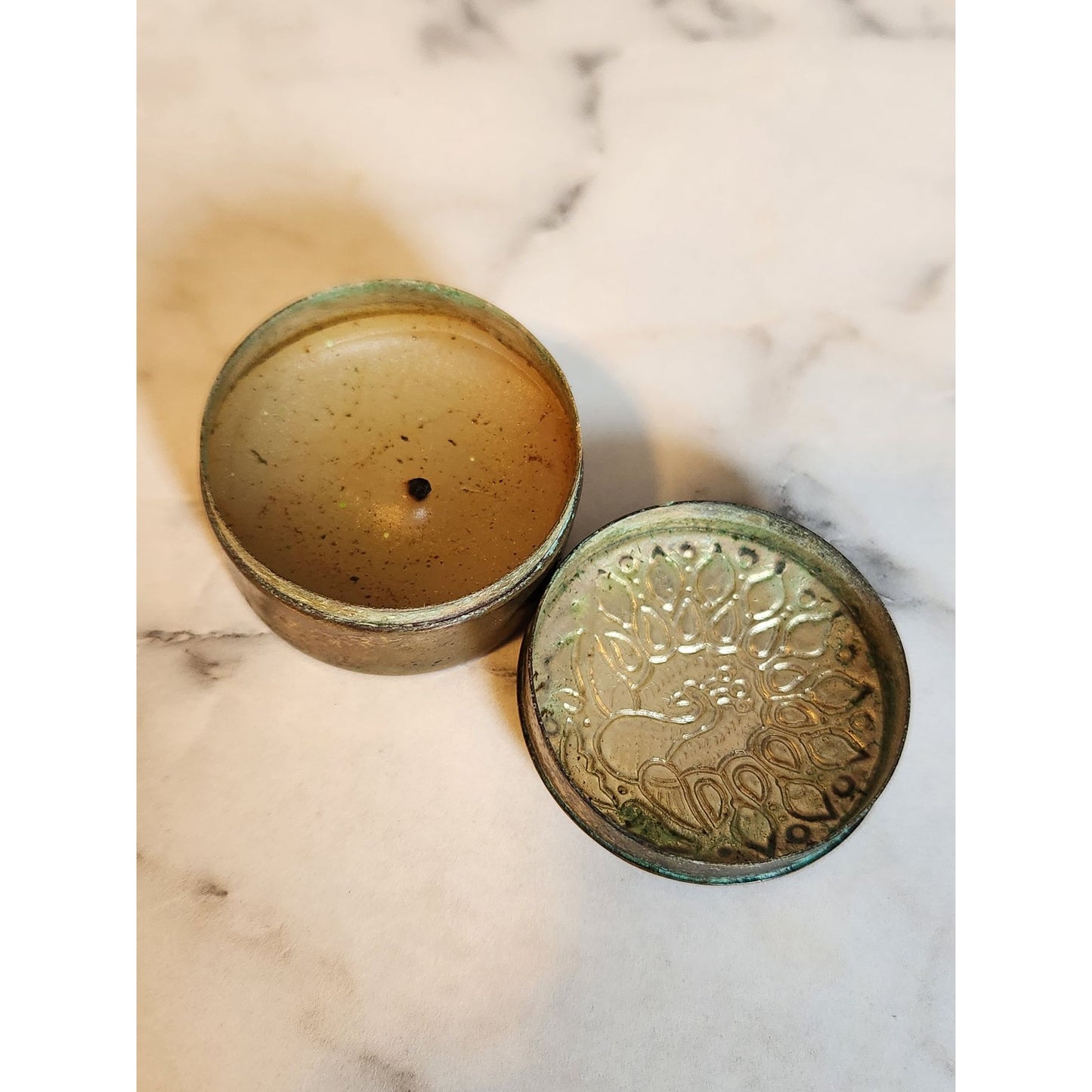 Vintage Neroli Peacock Design Brass Enamel Candle Box Round Small