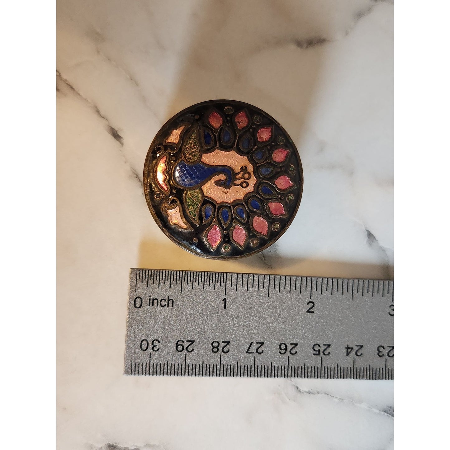 Vintage Neroli Peacock Design Brass Enamel Candle Box Round Small