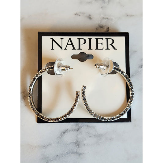 Napier Silver-Tone Black Crystal Hoop Earrings