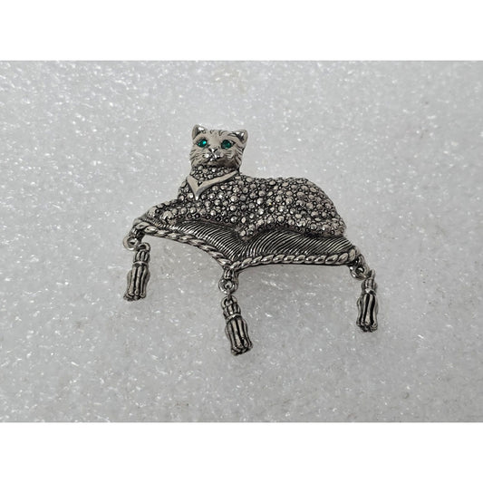 Avon Cat Brooch Silver Tn Rhinestone Figural Kitty Tassel Vintage Statement Pin