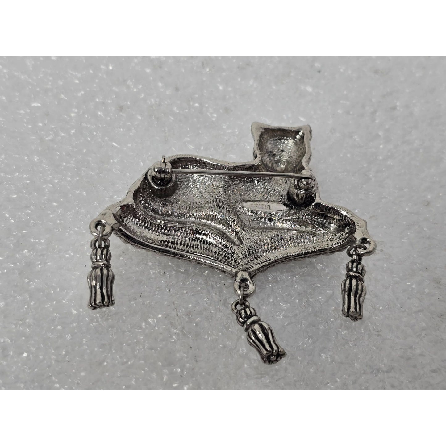 Avon Cat Brooch Silver Tn Rhinestone Figural Kitty Tassel Vintage Statement Pin