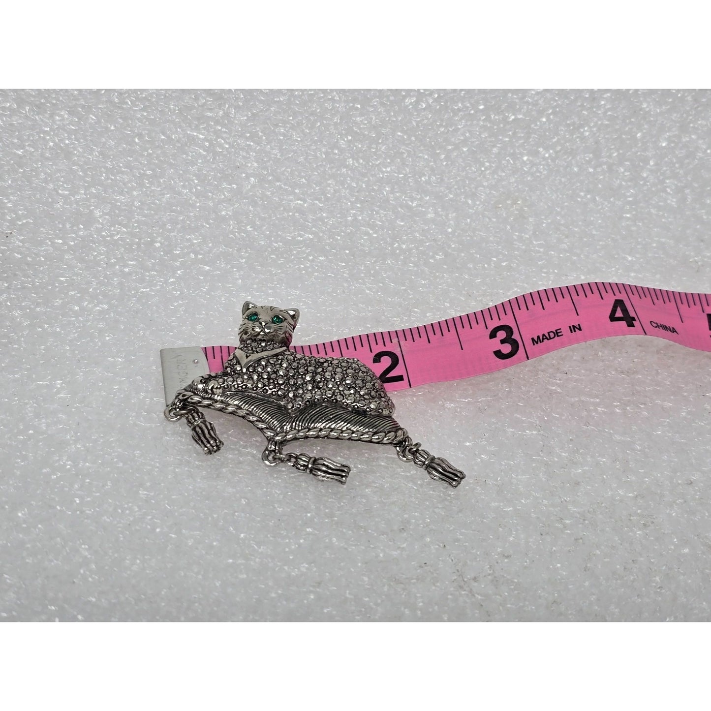 Avon Cat Brooch Silver Tn Rhinestone Figural Kitty Tassel Vintage Statement Pin
