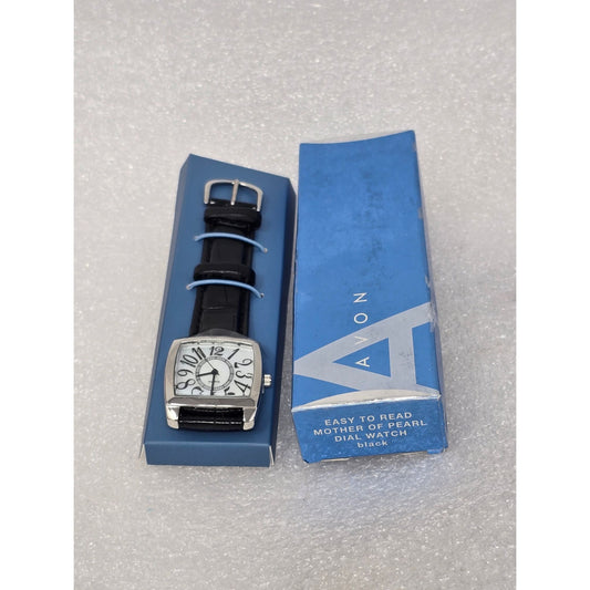 Vintage Avon Easy-To-Read Mother Of Pearl Dial Watch Black Strap Box Included