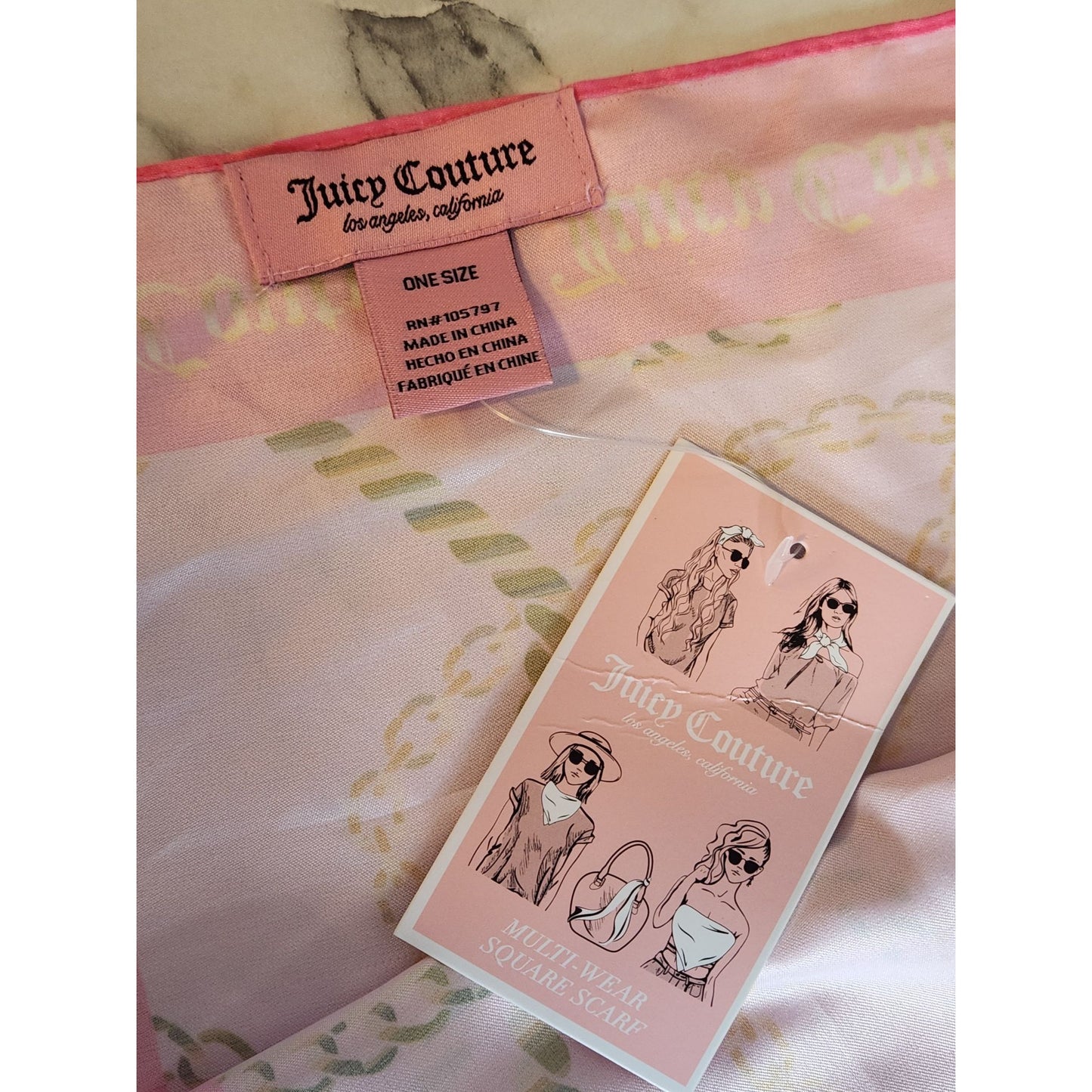 Juicy Couture Pink & Gold Heart Print Multi-Wear Polyester Square Scarf