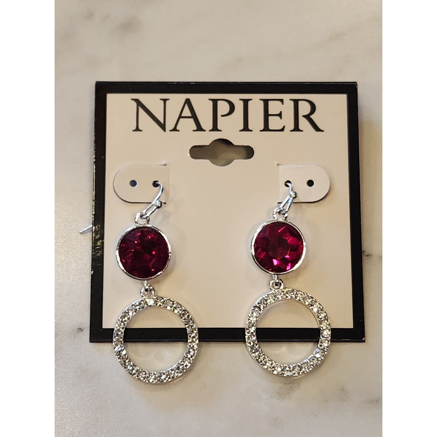 Napier Silver-Tone Drop Earrings With Red Faceted Stones & Clear Crystal Hoops
