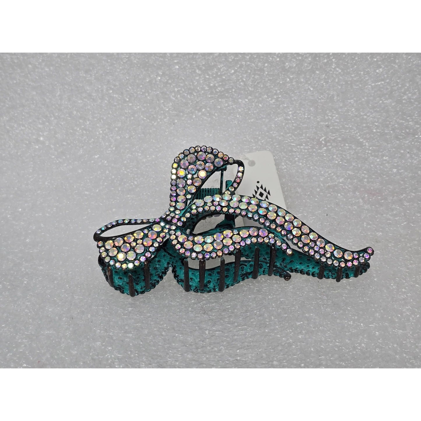Rhinestone Bow Hair Claw Clip With Teal Accents