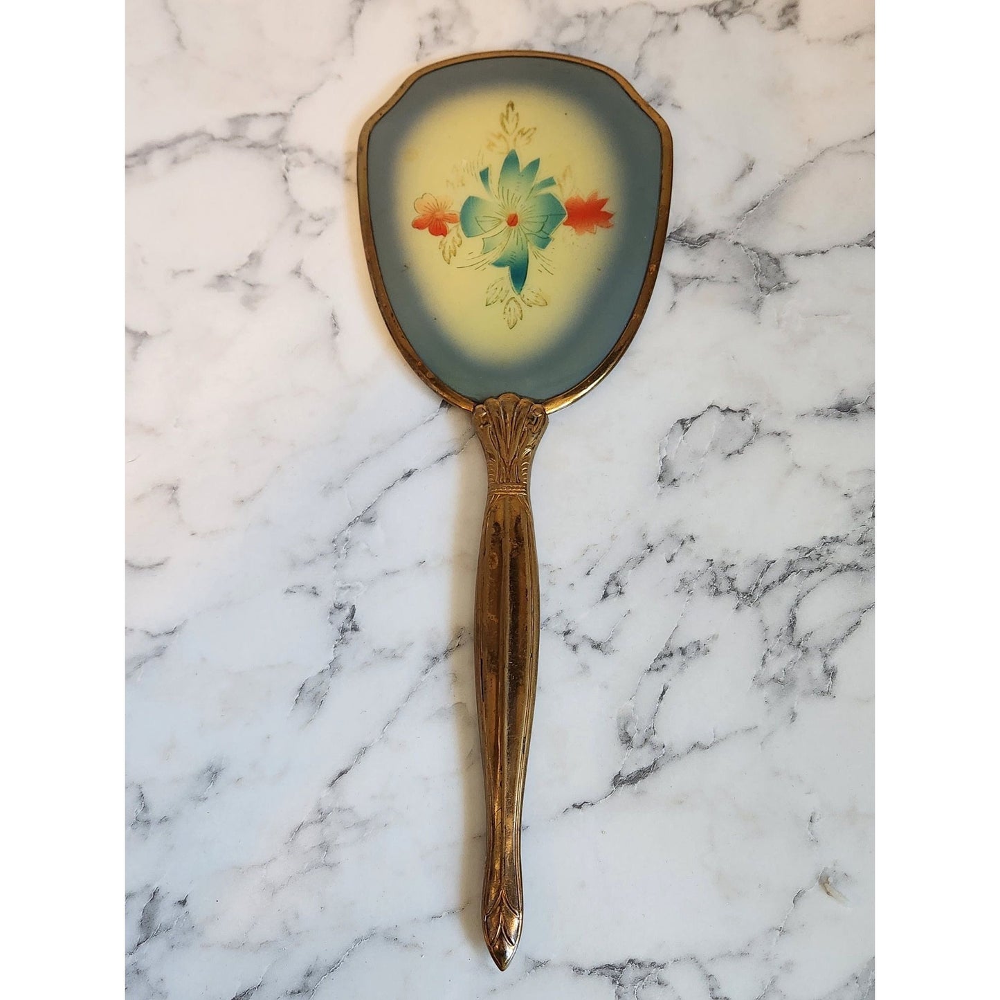 Vintage Handheld Vanity Mirror With Floral Design & Gold Tone Handle