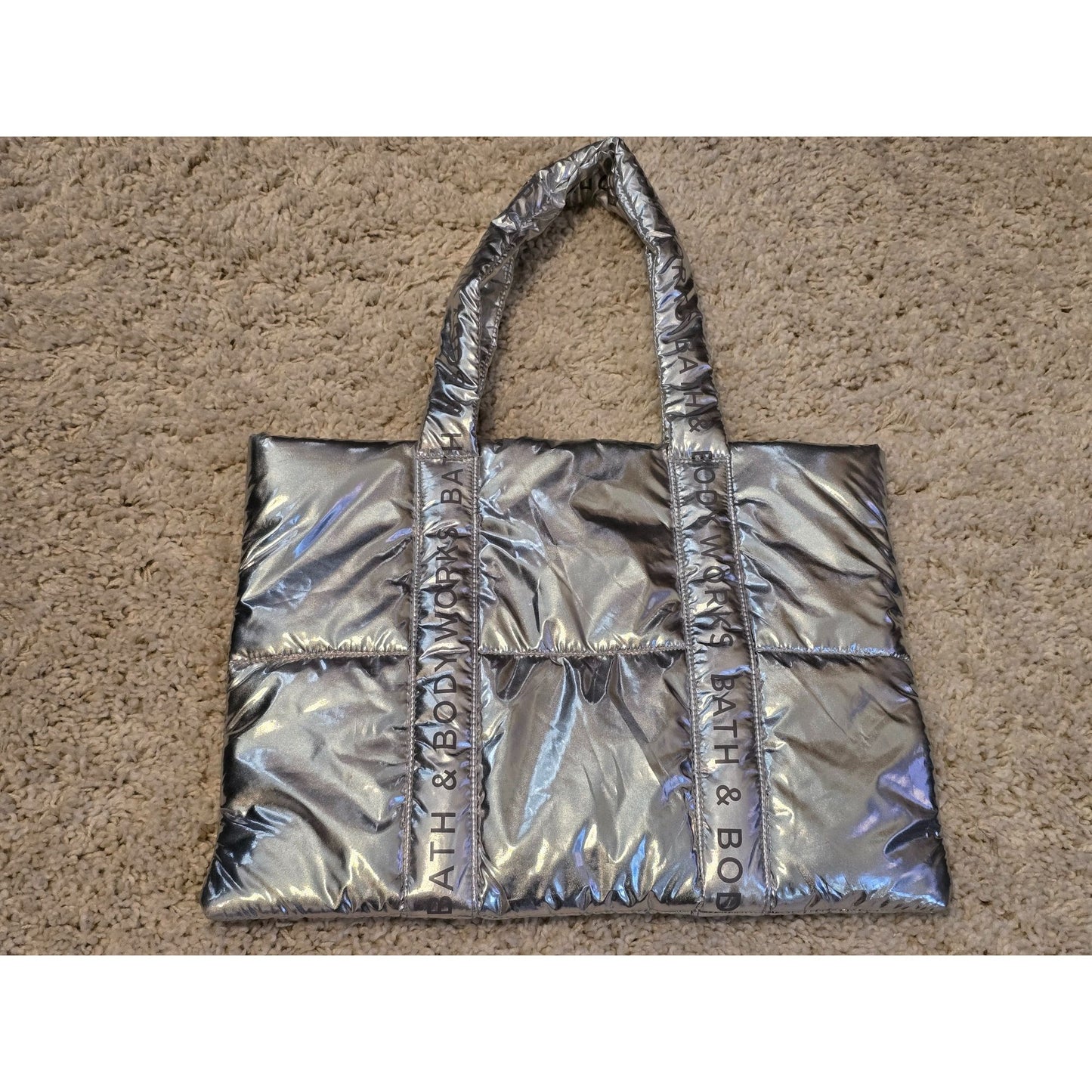 Bath & Body Works Silver Metallic Quilted Tote Bag With Inner Lining Puffy