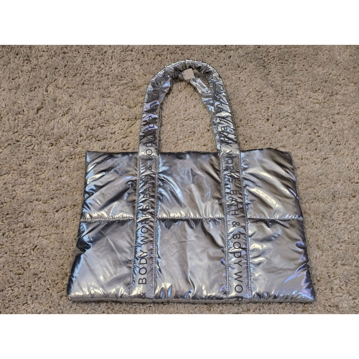 Bath & Body Works Silver Metallic Quilted Tote Bag With Inner Lining Puffy