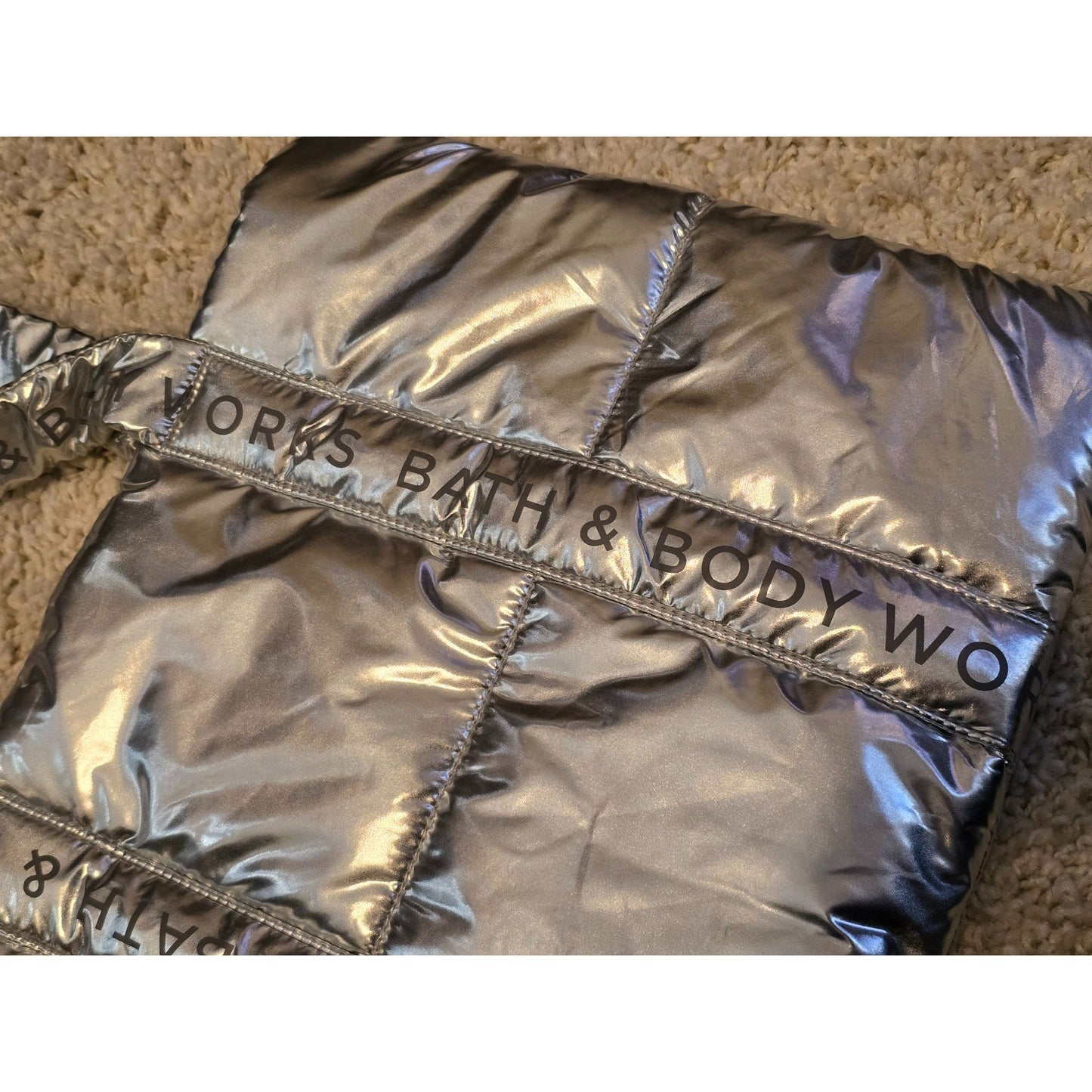 Bath & Body Works Silver Metallic Quilted Tote Bag With Inner Lining Puffy