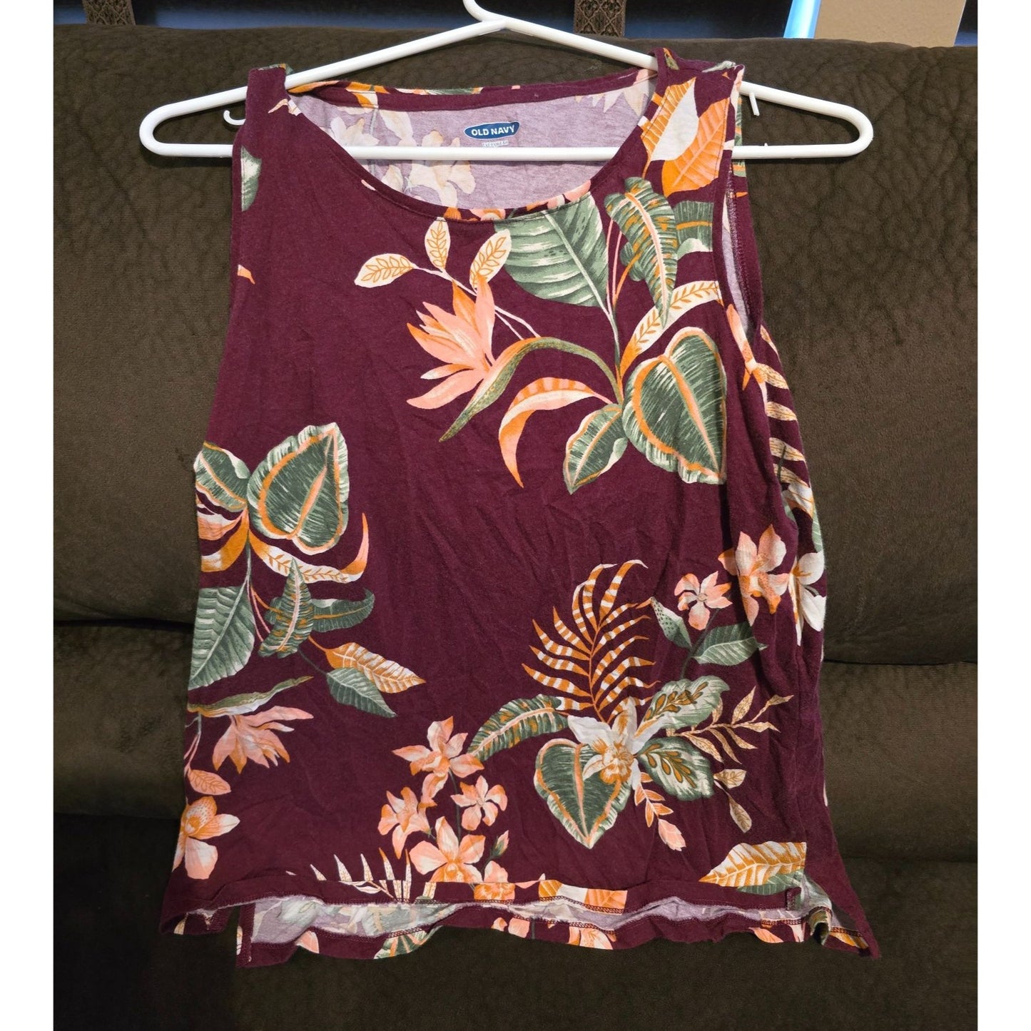 Old Navy EveryWear Women's Medium Tropical Floral Tank Top Burgundy Sleeveless