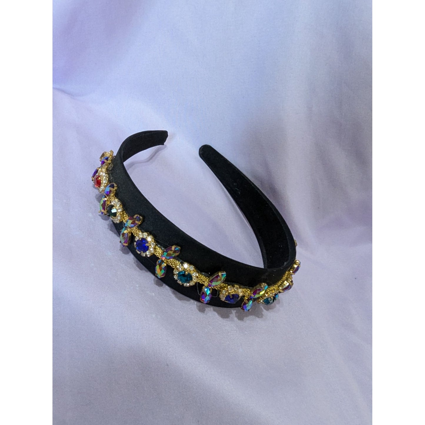 Black Velvet Rhinestone Embellished Headband With Colorful Gem Accents