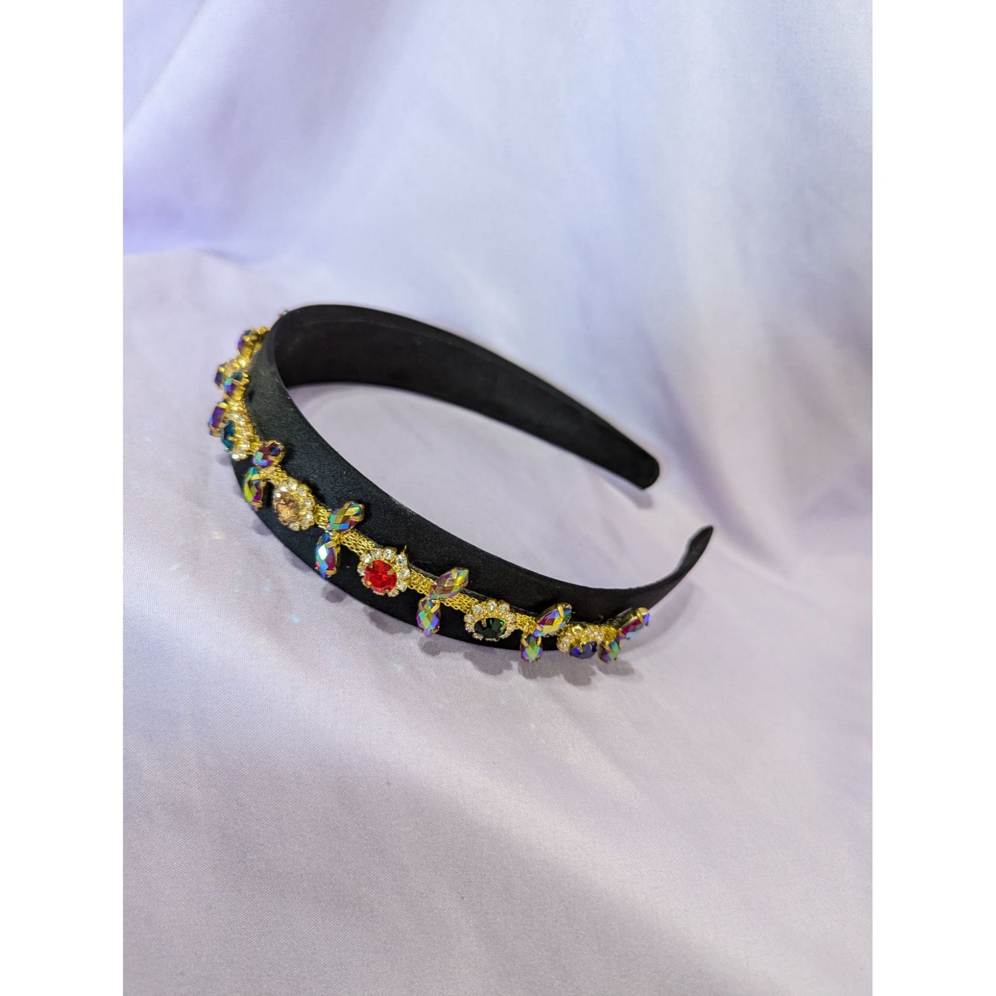 Black Velvet Rhinestone Embellished Headband With Colorful Gem Accents