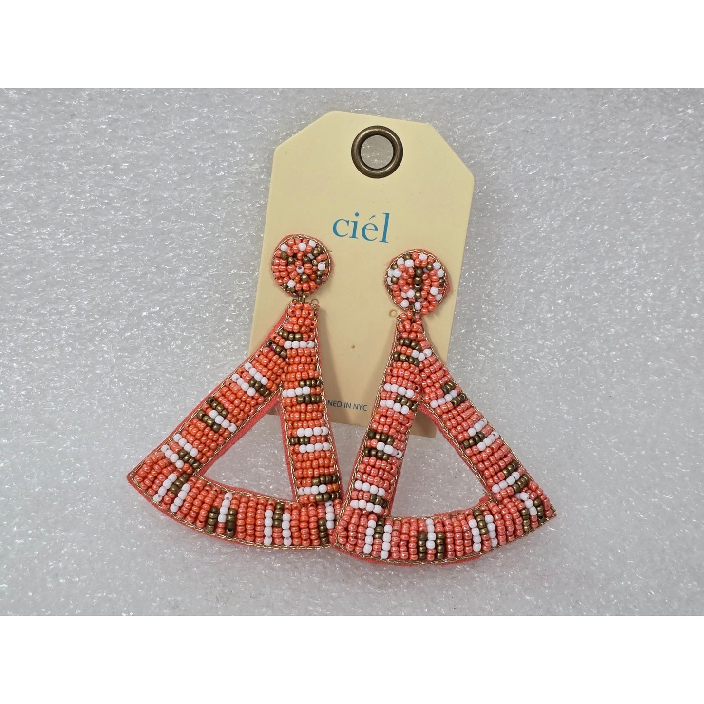 Beaded Triangle Drop Earrings By Ciel - Statement Jewelry Handmade  Orange & White Beads