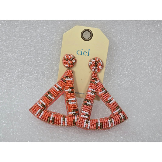Beaded Triangle Drop Earrings By Ciel - Statement Jewelry Handmade  Orange & White Beads