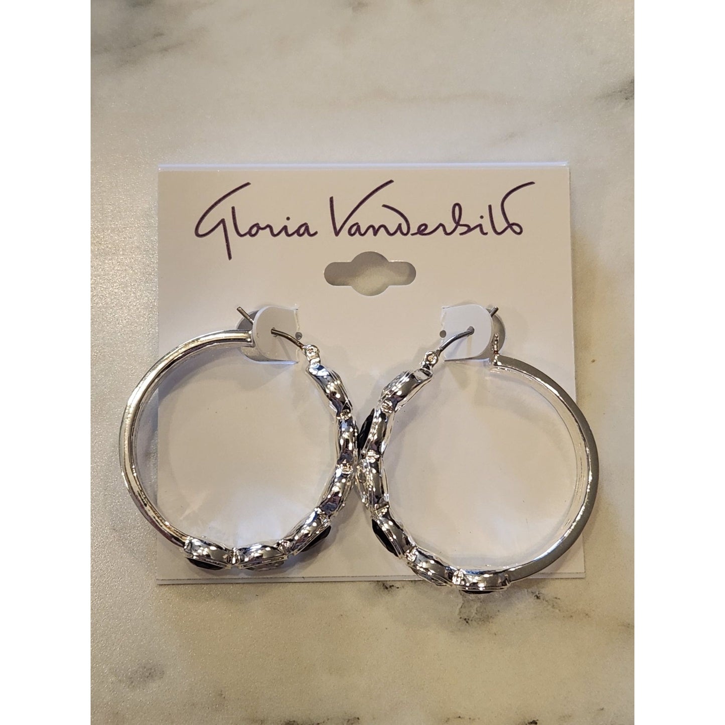 Gloria Vanderbilt Silver-Tone Hoop Earrings With Black & Clear Crystal Accents