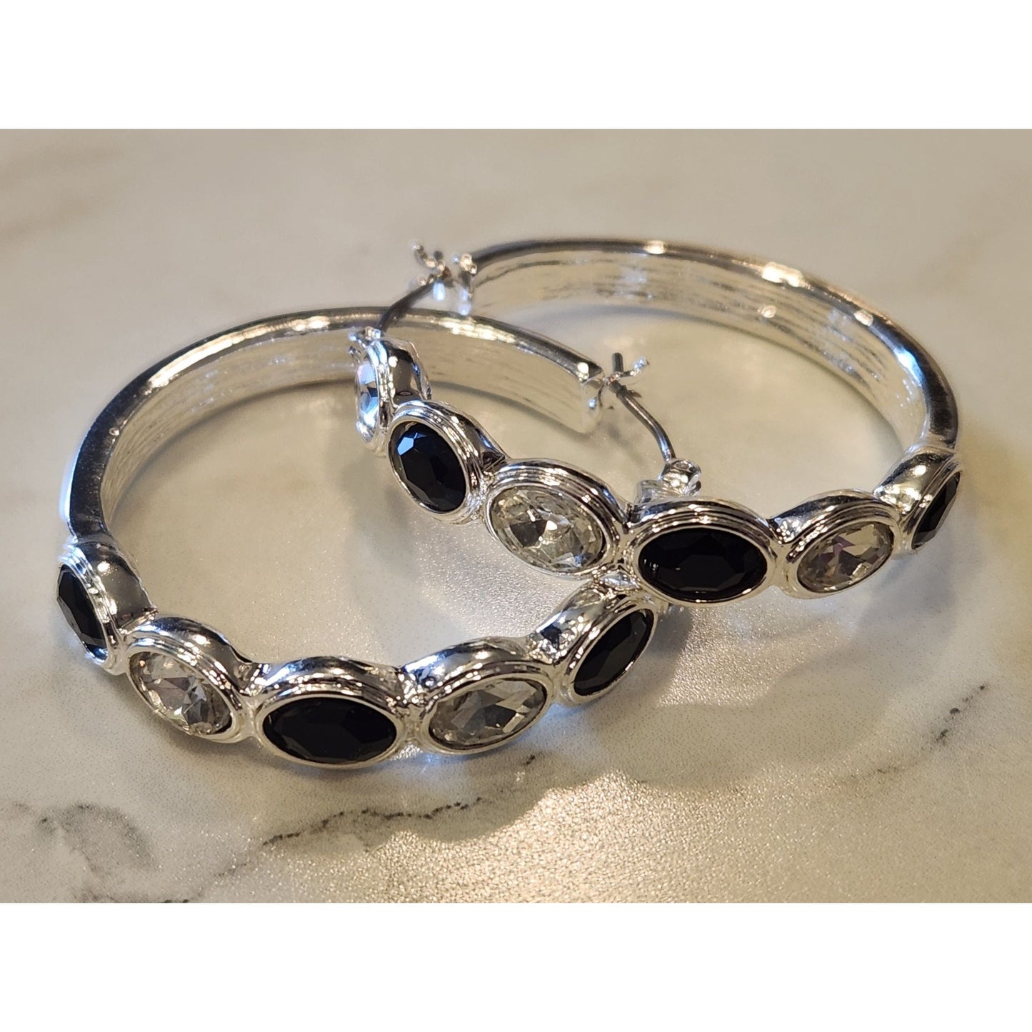 Gloria Vanderbilt Silver-Tone Hoop Earrings With Black & Clear Crystal Accents