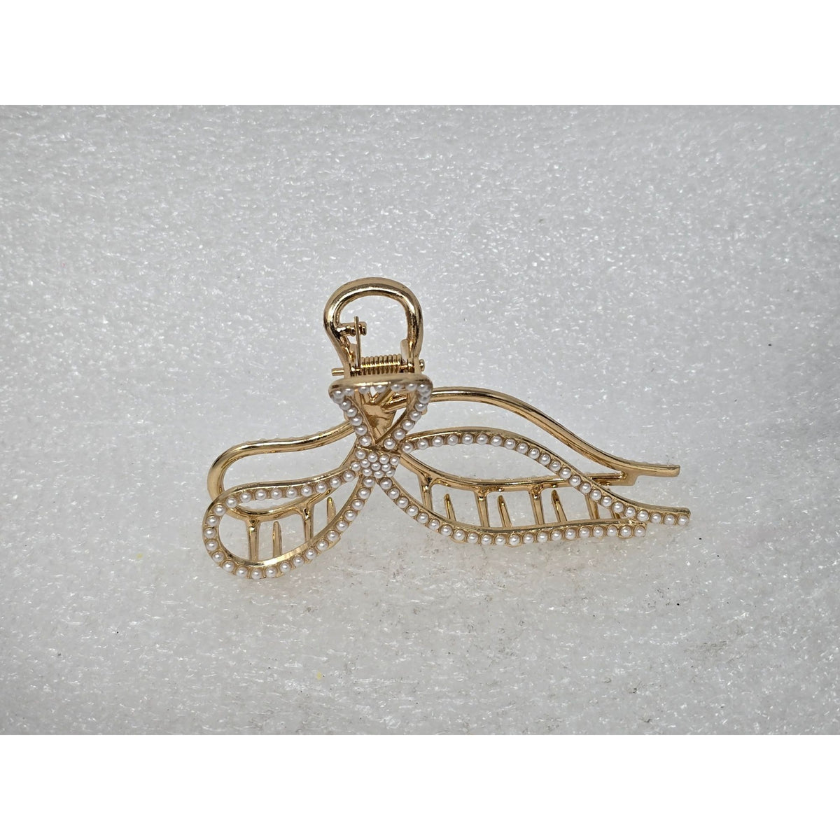 Gold-Tone Metal Bow Hair Claw Clip With Faux Pearl Detailing Elegant Stylish