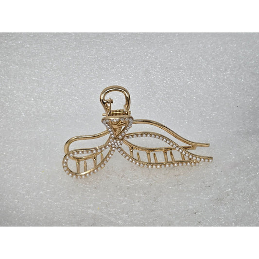 Gold-Tone Metal Bow Hair Claw Clip With Faux Pearl Detailing Elegant Stylish