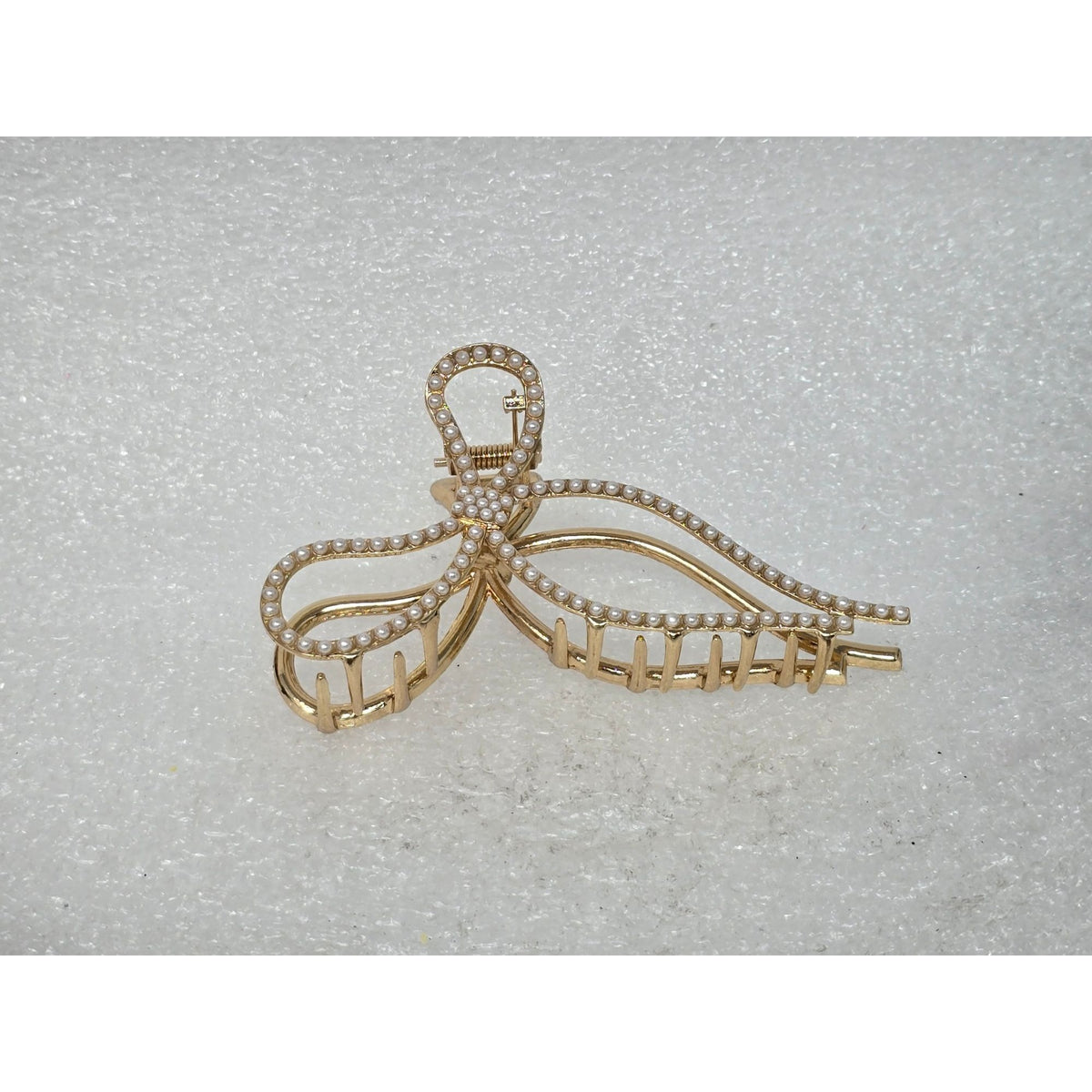 Gold-Tone Metal Bow Hair Claw Clip With Faux Pearl Detailing Elegant Stylish