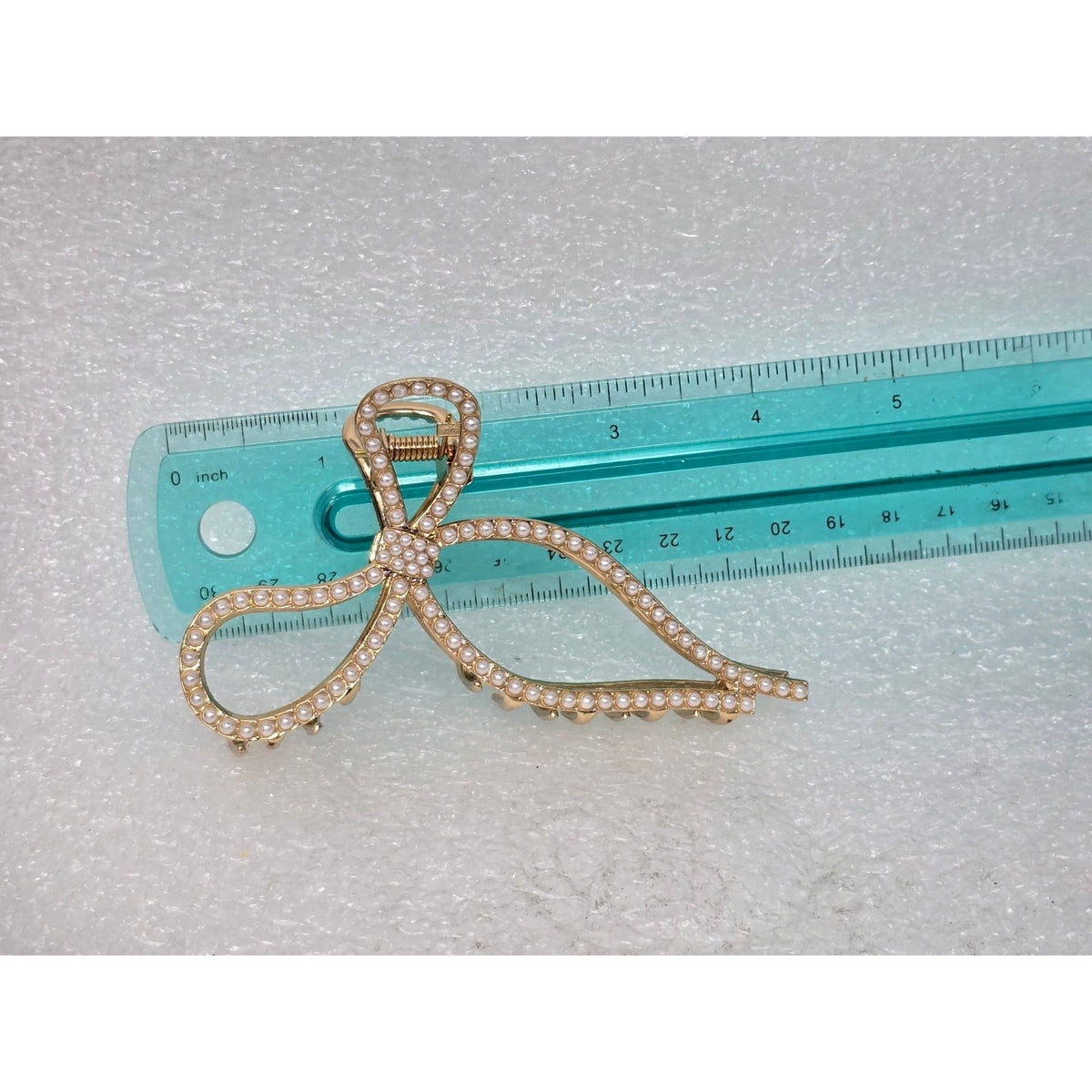 Gold-Tone Metal Bow Hair Claw Clip With Faux Pearl Detailing Elegant Stylish