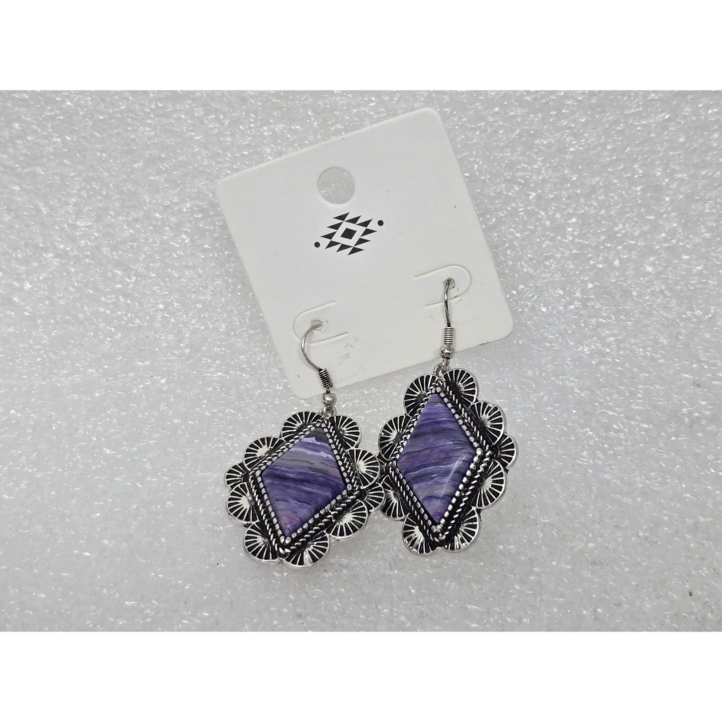 Purple Diamond-Shaped Silver Tone Earrings Fish Hook Backs Southwestern Style