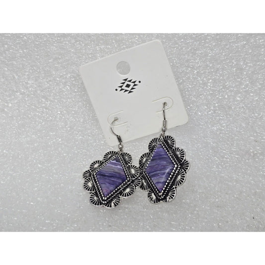 Purple Diamond-Shaped Silver Tone Earrings Fish Hook Backs Southwestern Style