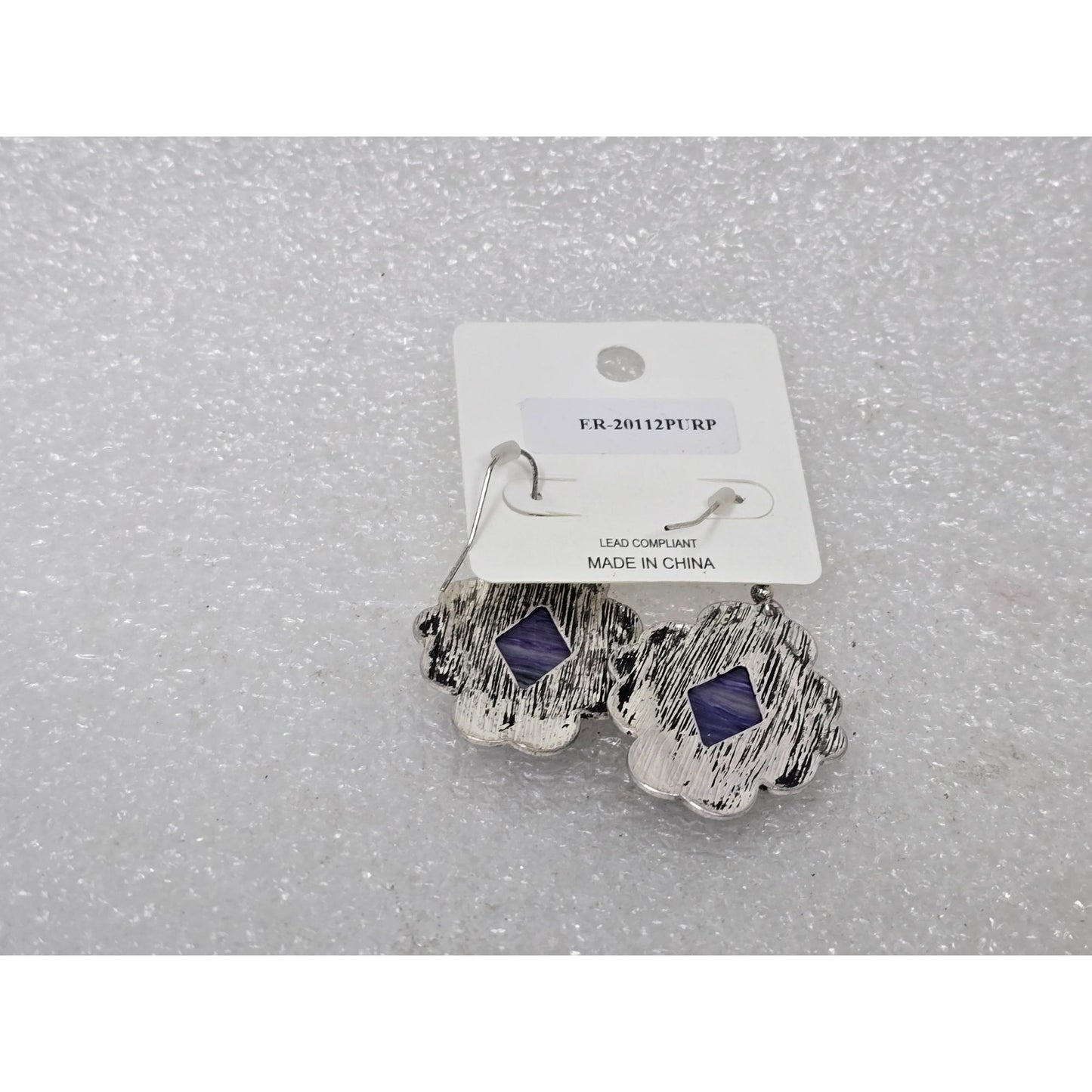 Purple Diamond-Shaped Silver Tone Earrings Fish Hook Backs Southwestern Style
