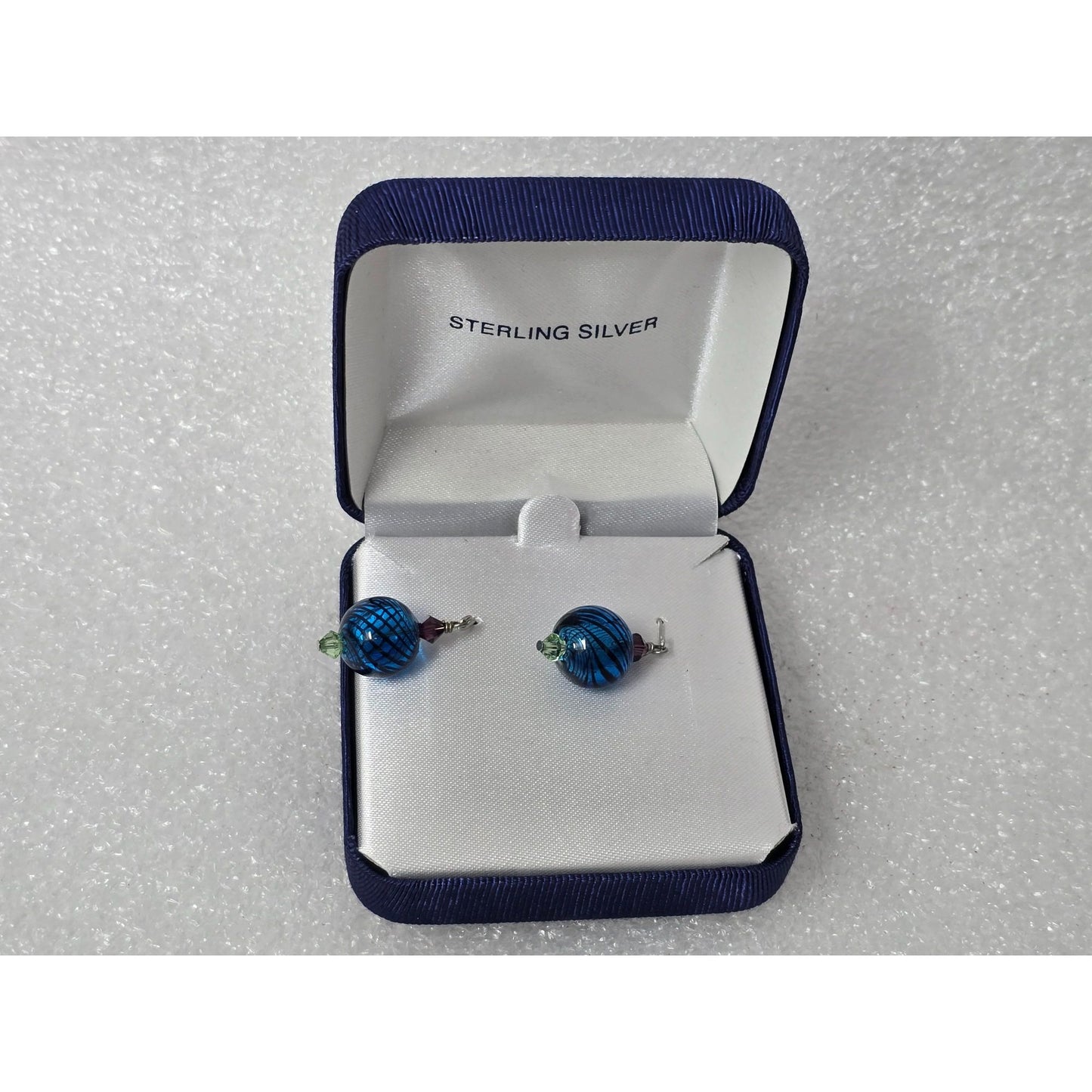 Sterling Silver Artisan Handblown Glass Earrings Blue Murano Style in Gift Box