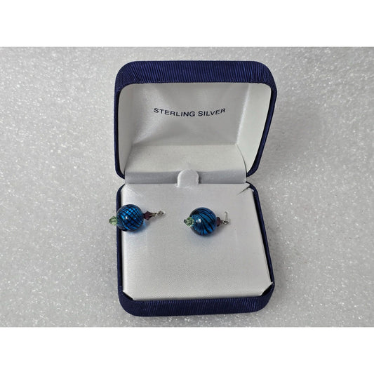Sterling Silver Artisan Handblown Glass Earrings Blue Murano Style in Gift Box