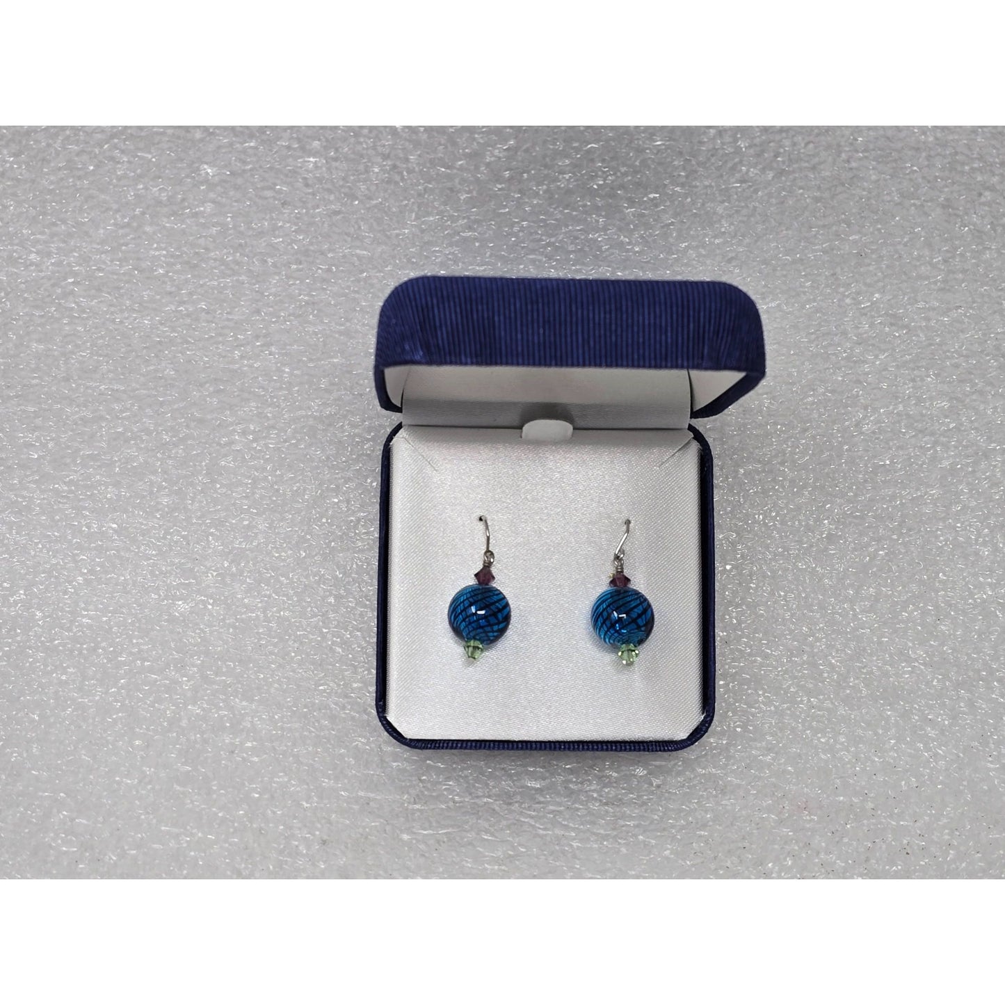 Sterling Silver Artisan Handblown Glass Earrings Blue Murano Style in Gift Box