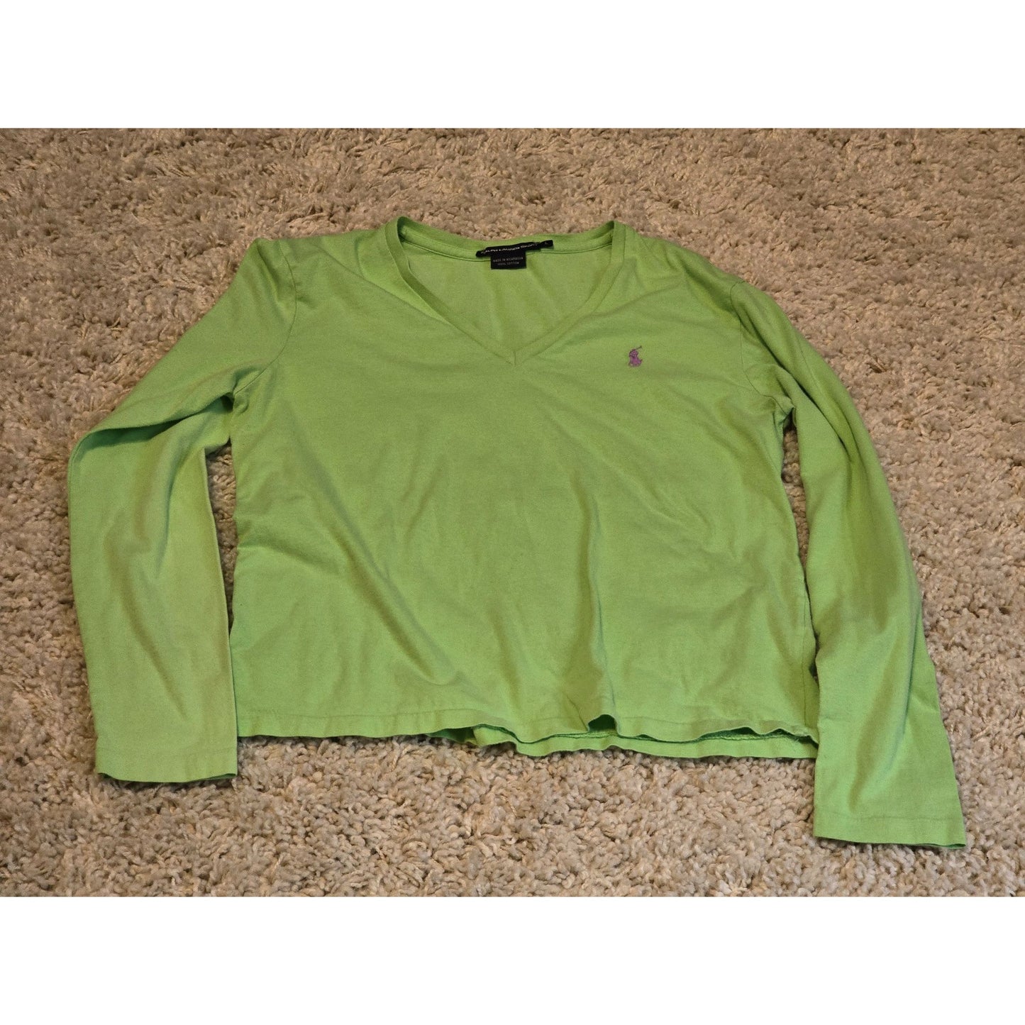 Ralph Lauren Sport Women's Green V-Neck Long Sleeve Shirt Large Pony Logo Y2K
