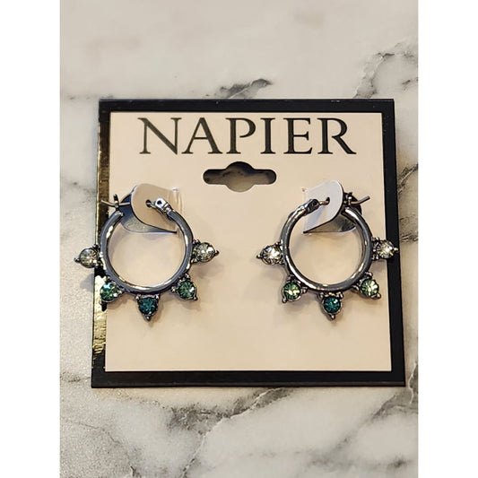 Napier Silver-Tone Hoop Earrings With Green & Clear Gemstone Accents