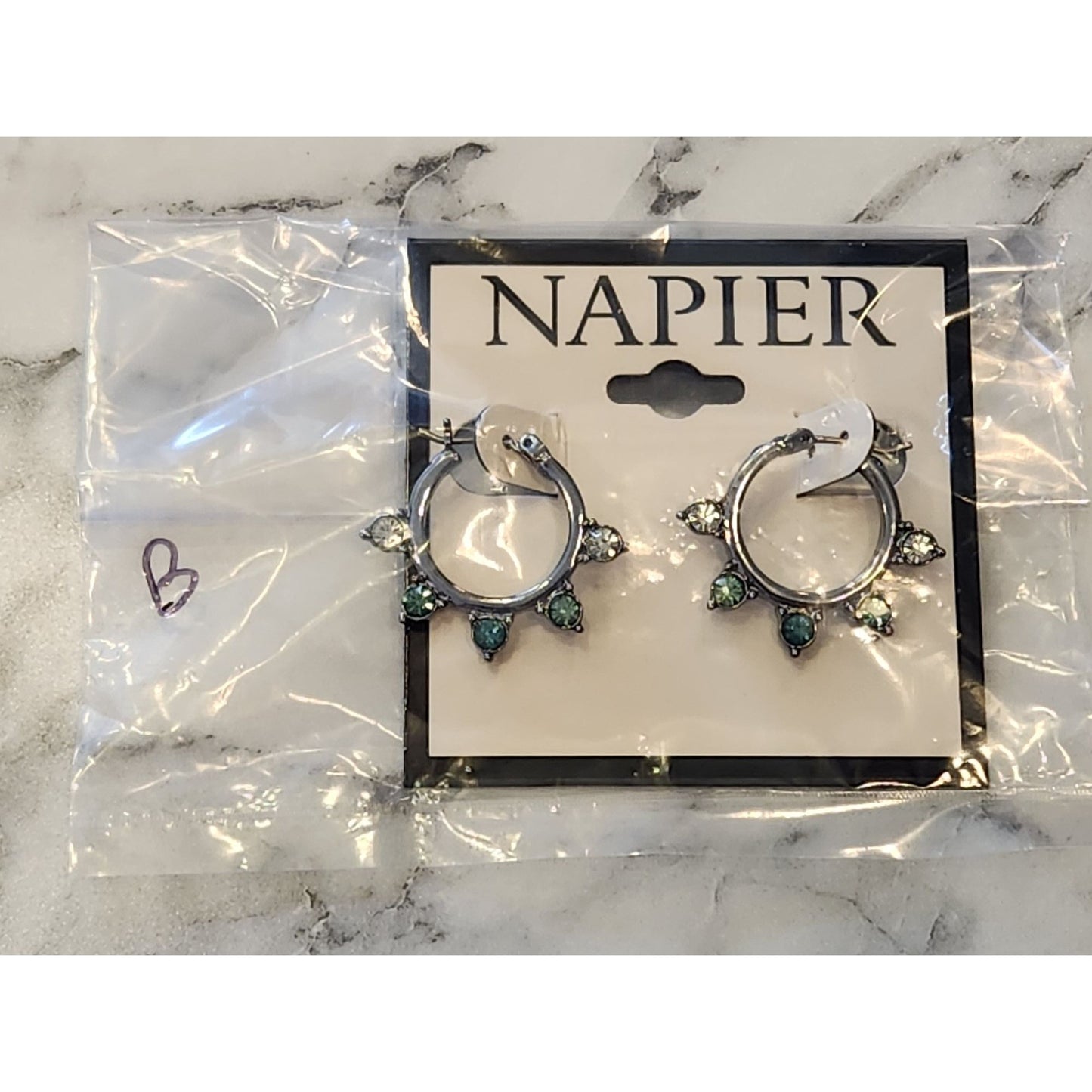 Napier Silver-Tone Hoop Earrings With Green & Clear Gemstone Accents