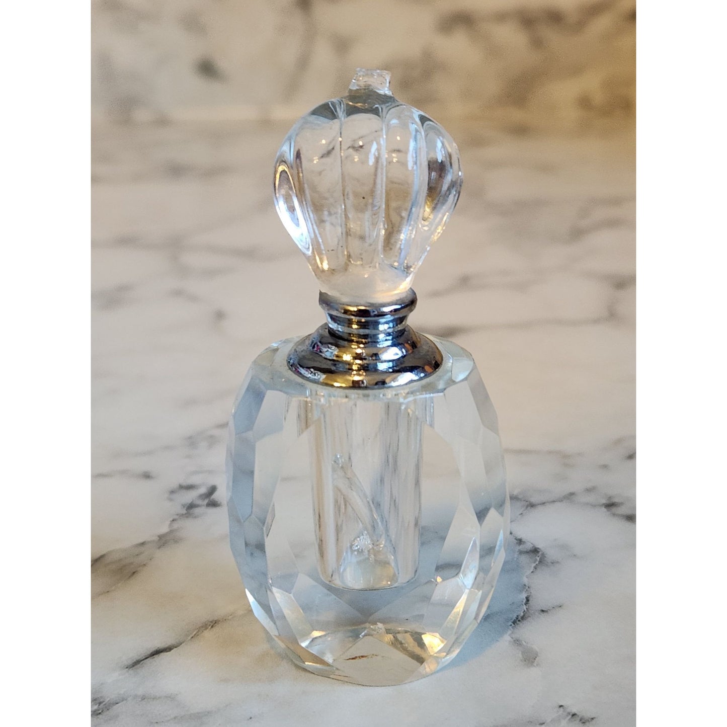 Vintage Crystal Perfume Bottle With Faceted Design & Ornate Stopper