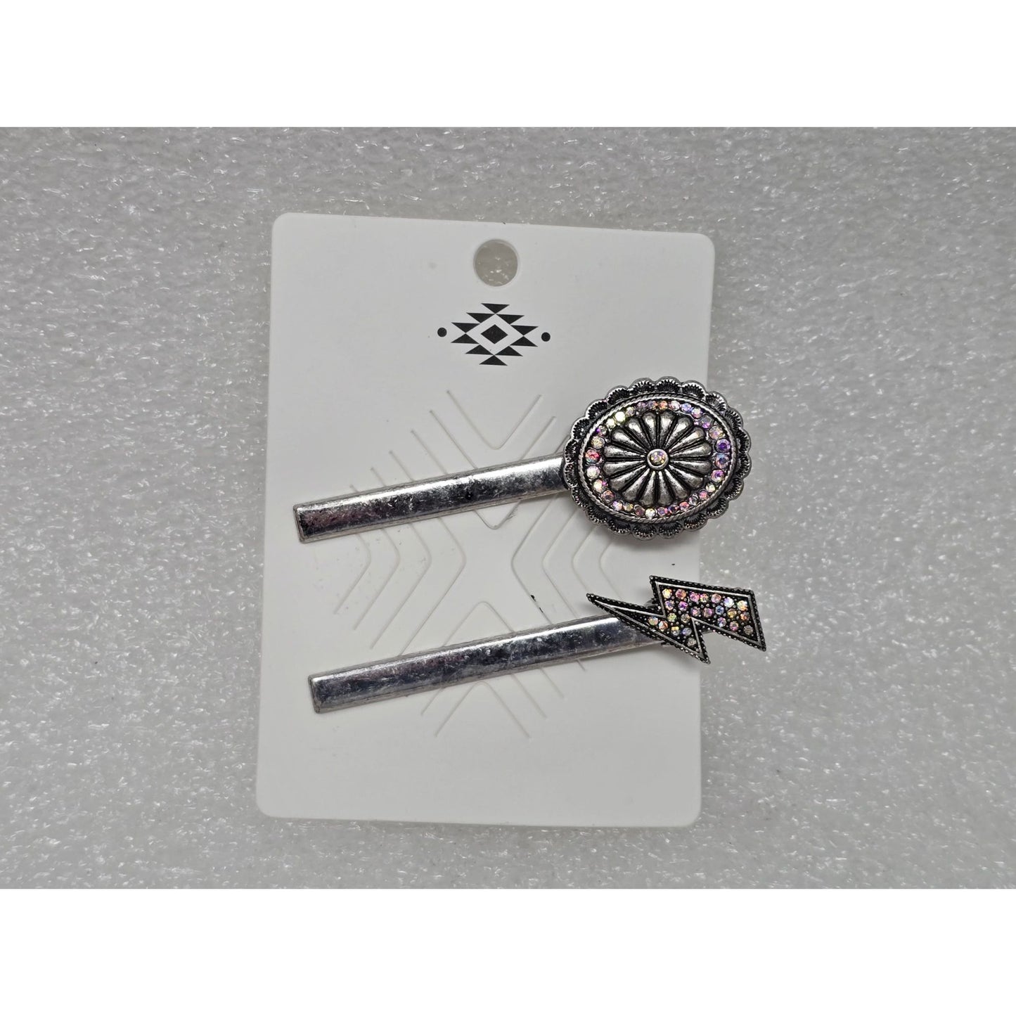 Silver Tone & Rhinestone Hair Clip Barrette Set With Lightning & Floral Designs