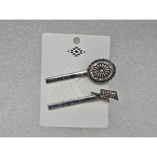 Silver Tone & Rhinestone Hair Clip Barrette Set With Lightning & Floral Designs