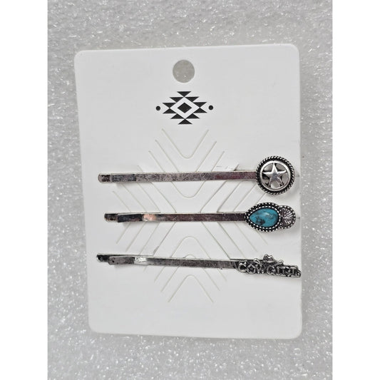 Set Of 3 Western-Style Silver Tone & Faux Turquoise Bobby Pins Hair Accessories