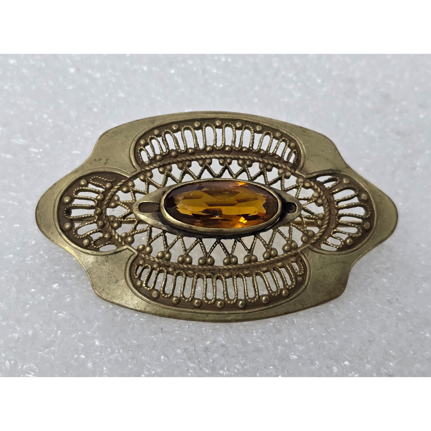 Vintage Brass Filigree Brooch Amber Glass Crystal Oval Victorian Style Pin