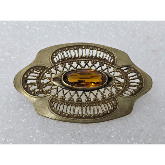 Vintage Brass Filigree Brooch Amber Glass Crystal Oval Victorian Style Pin