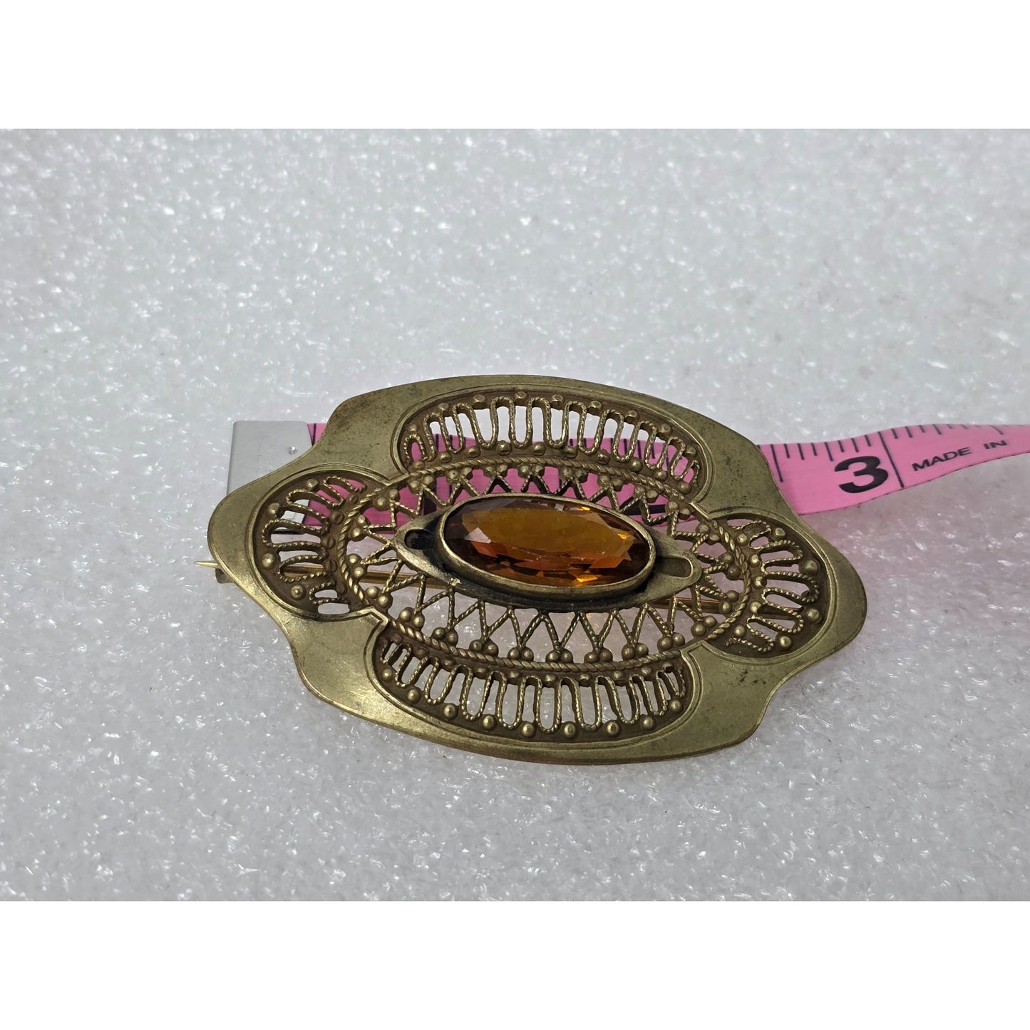 Vintage Brass Filigree Brooch Amber Glass Crystal Oval Victorian Style Pin