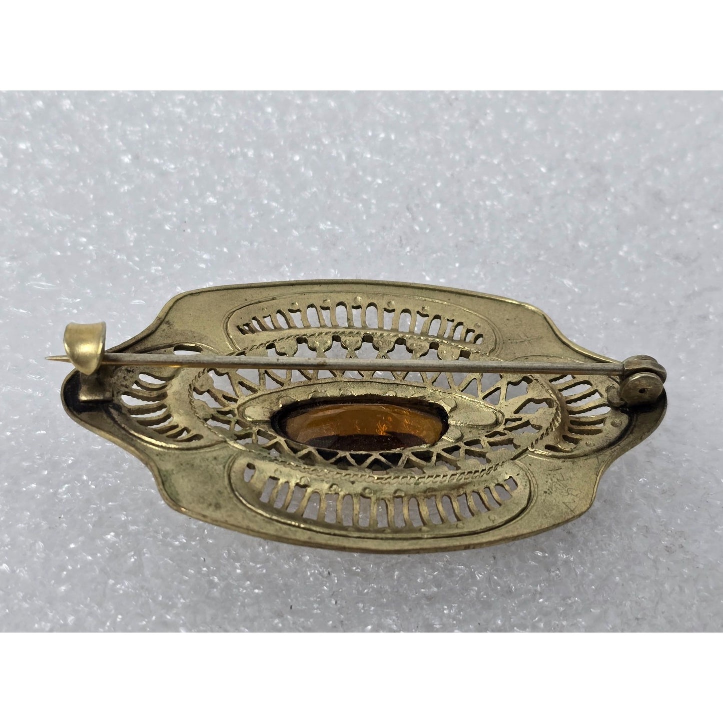 Vintage Brass Filigree Brooch Amber Glass Crystal Oval Victorian Style Pin