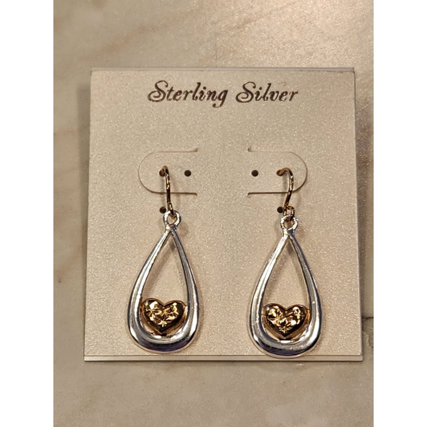Sterling Silver & Gold Teardrop Earrings With Heart Accents