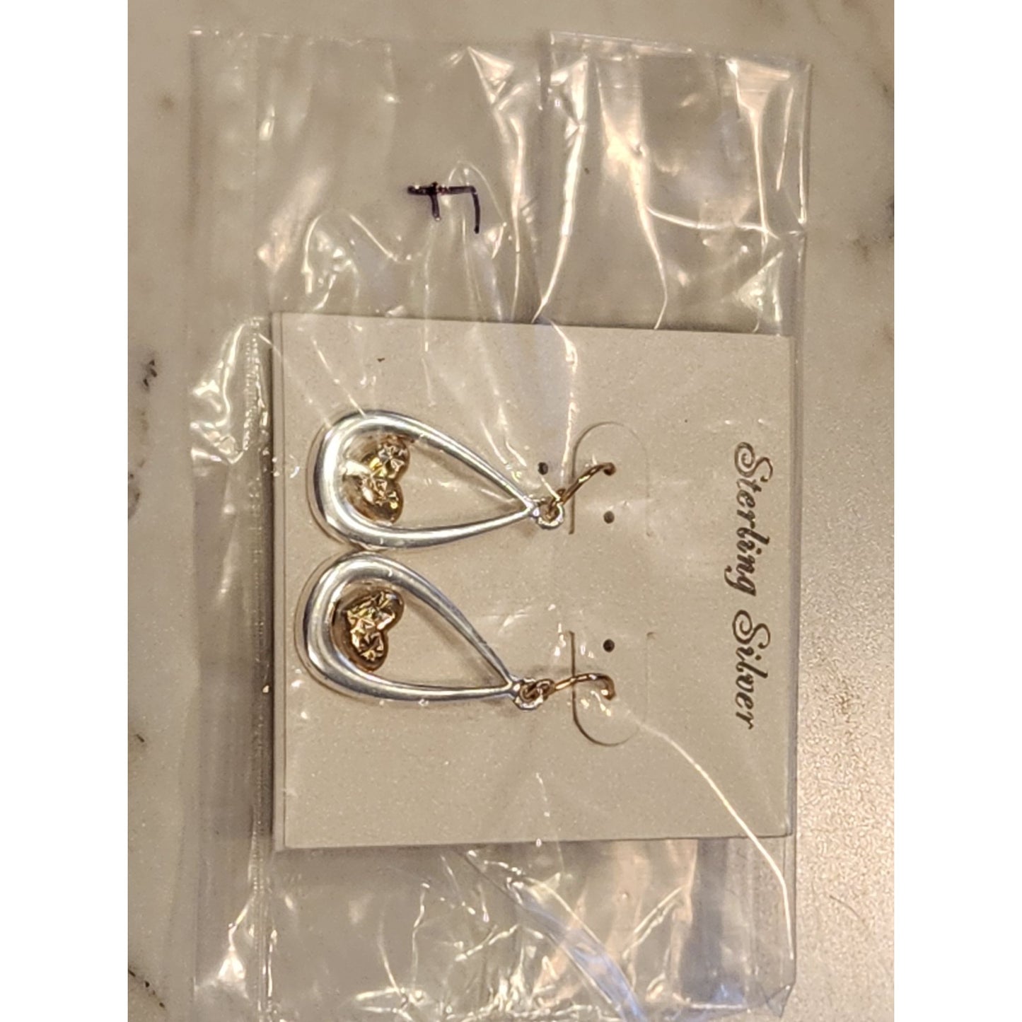 Sterling Silver & Gold Teardrop Earrings With Heart Accents